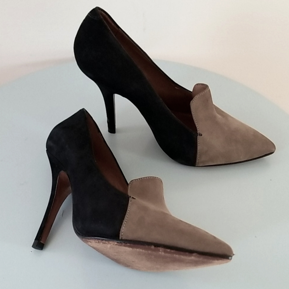 Schutz Black & Tan Pointy Toe Loafer Suede Pumps - Picture 1 of 14